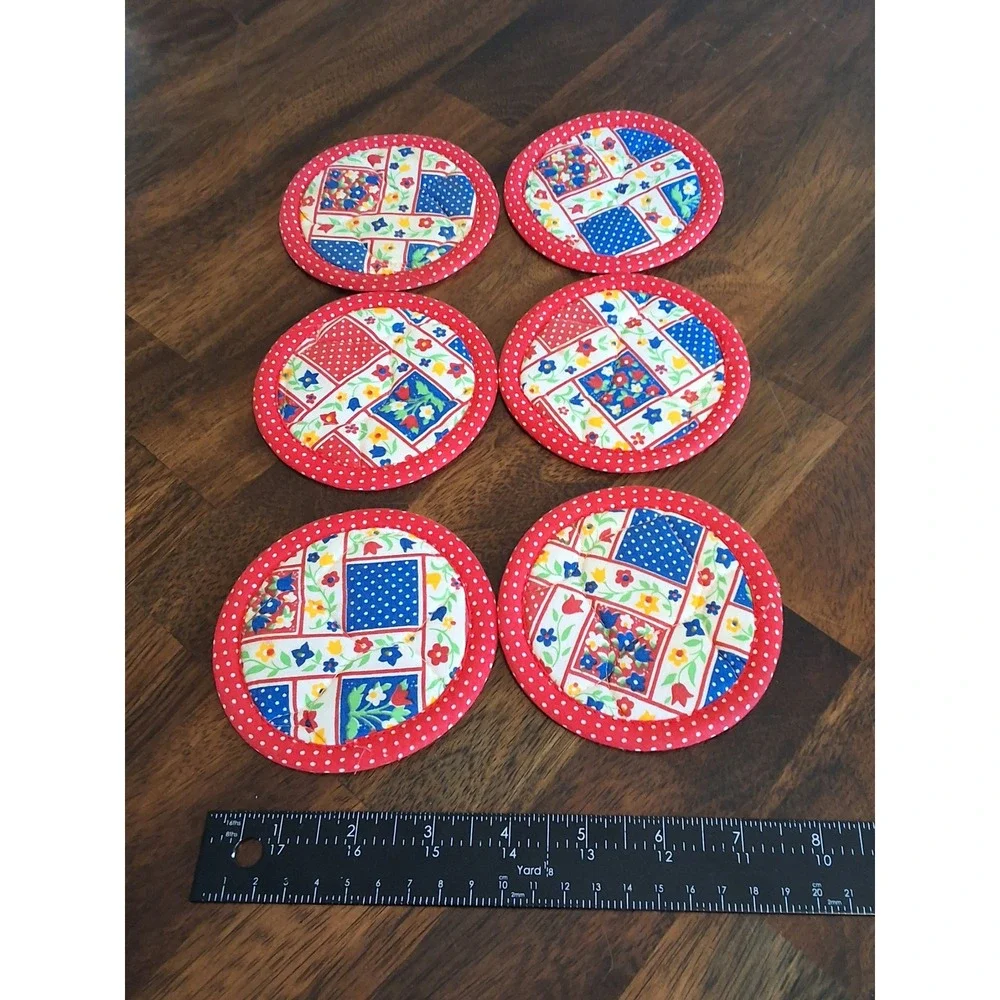 Vintage Quilted Coaster Rugs and Napkin Red Blue Floral Polka Dot Patchwork GVC